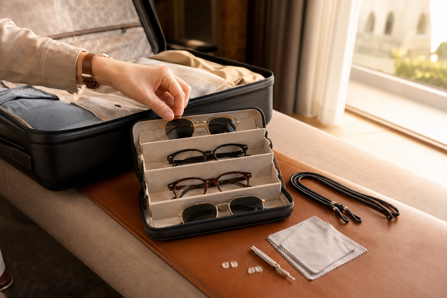 Travel eyewear case organizing several pairs of glasses with straps and cleaning accessories