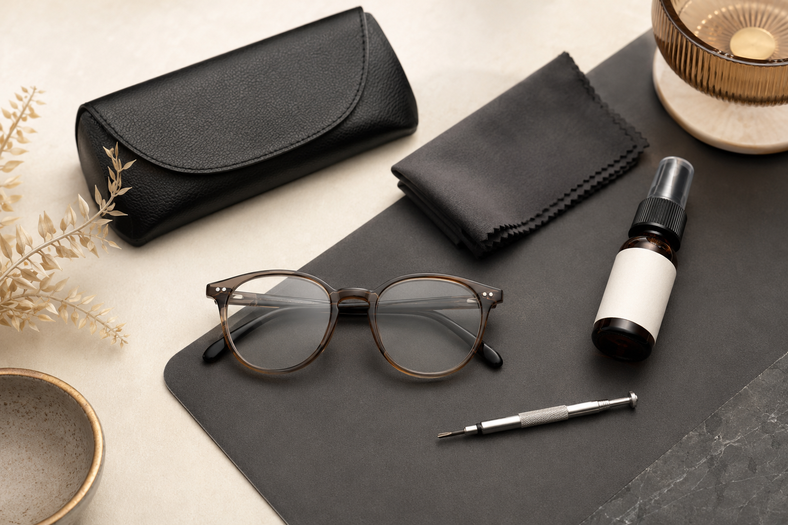 Glasses cleaning kit with microfiber cloth, lens spray, repair tool and protective case