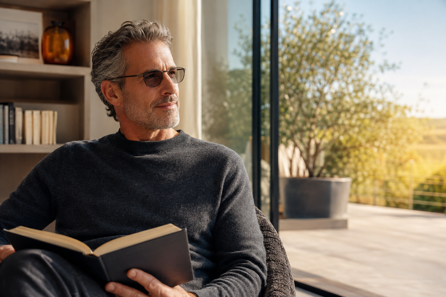 Adult wearing photochromic multifocal glasses while reading beside a sunlit window