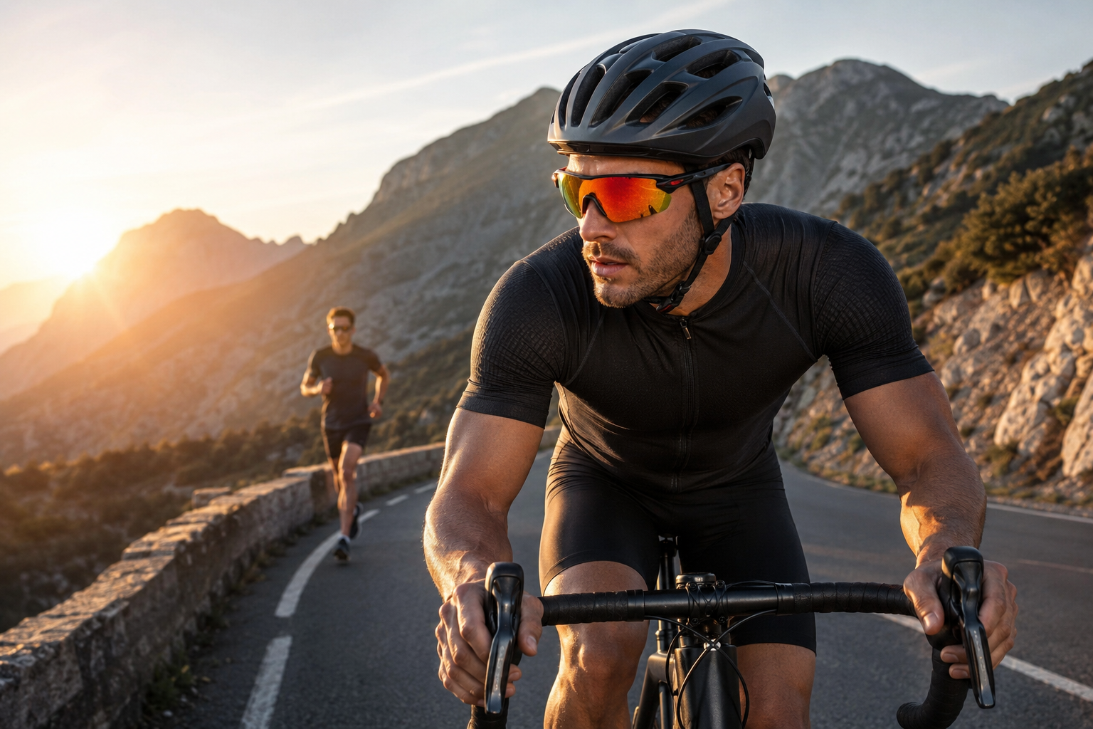 Cyclist wearing wraparound sports sunglasses on a mountain road at golden hour