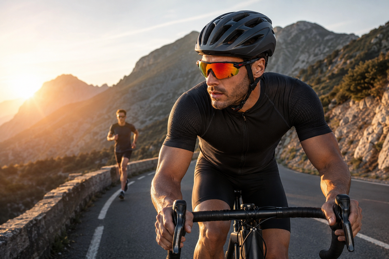 Cyclist wearing wraparound sports sunglasses on a mountain road at golden hour