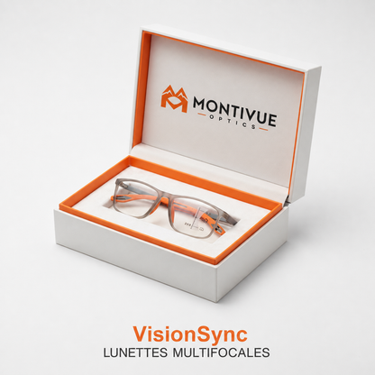 Lunettes multifocales VisionSync dans leur coffret Montivue Optics