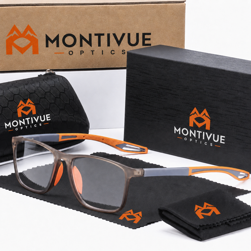 VisionSync multifocal glasses with Montivue Optics case and accessories